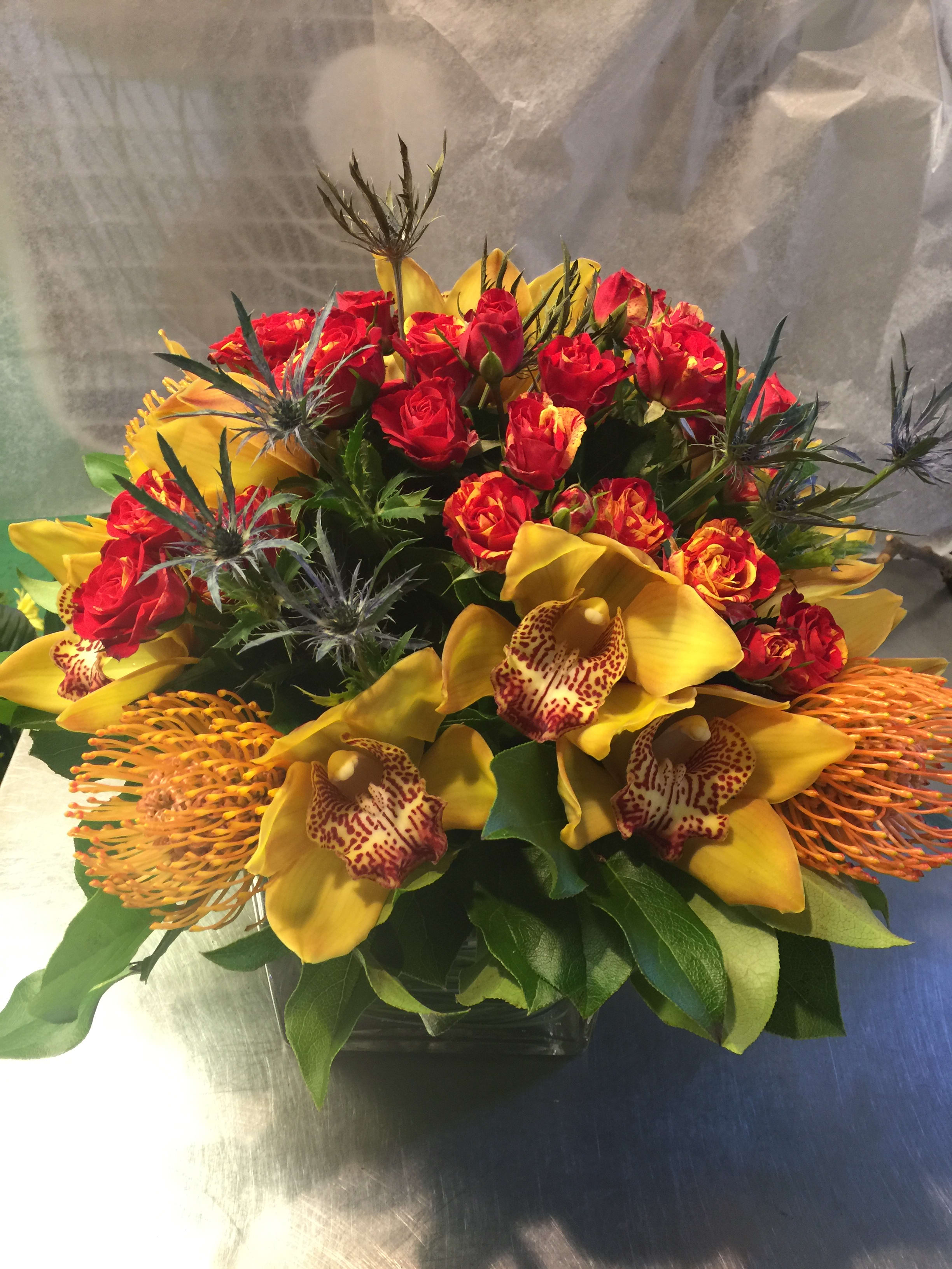 &quot;Uniquely Bold&quot; Centerpiece  Manhattan - The Upper West Side - vintage rose mixed arrangement with Cymbidium Orchids and teasel 