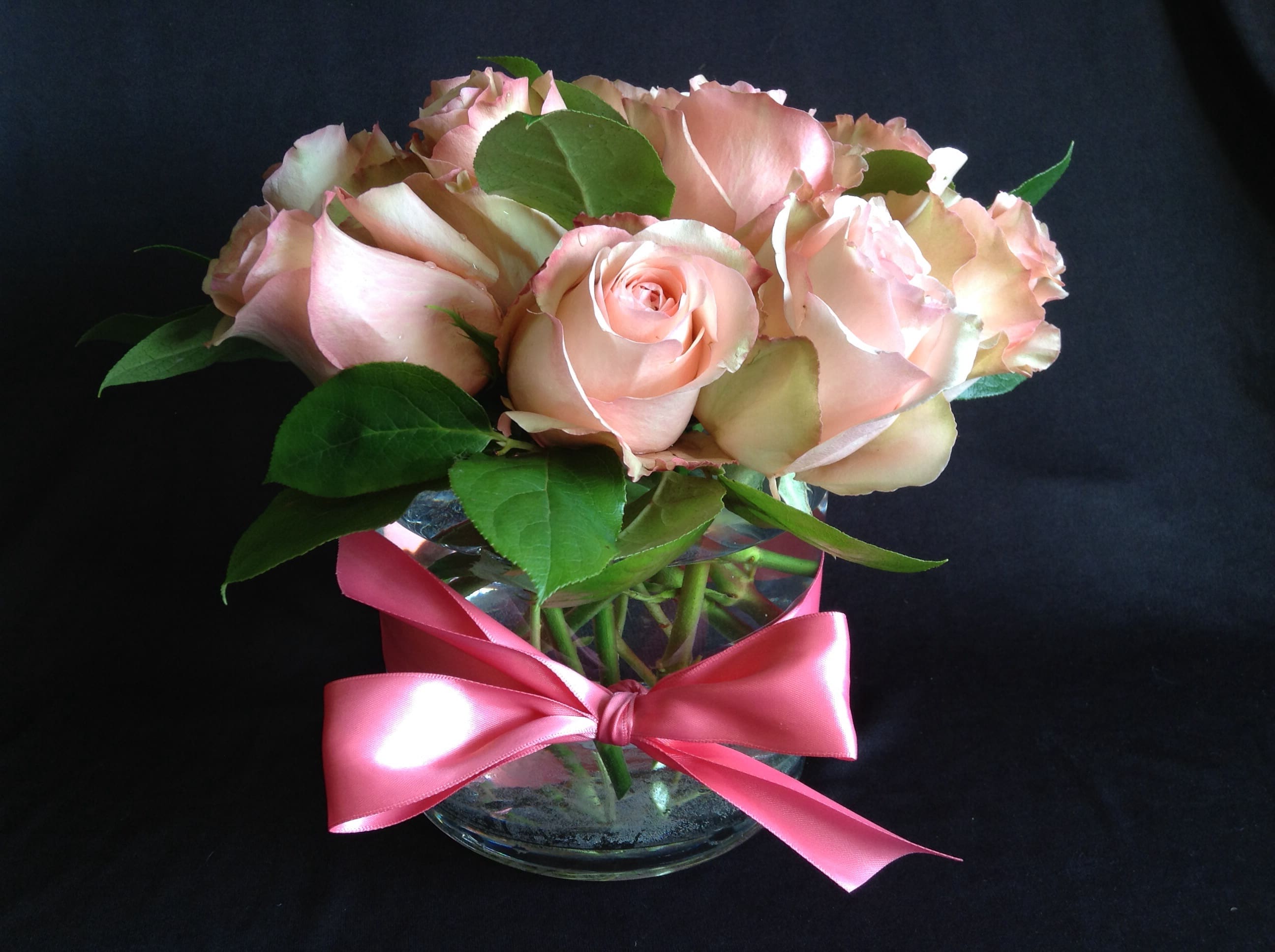 Claire - Roses in short Cylinder Vase - A striking presentation of roses designed in a stylish cylinder vase of modern design. Cinched with a pretty satin bow, to add a subtle hint of femininity.  24 hour notice required ** Other colors available, leave color request in special instructions box at checkout.