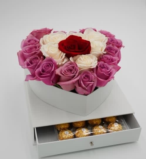 Rose Heart &amp; Chocolate By Atlanta's Finest Flowers  - 2 Dozen Roses with Ferrero rocher Chocolates 