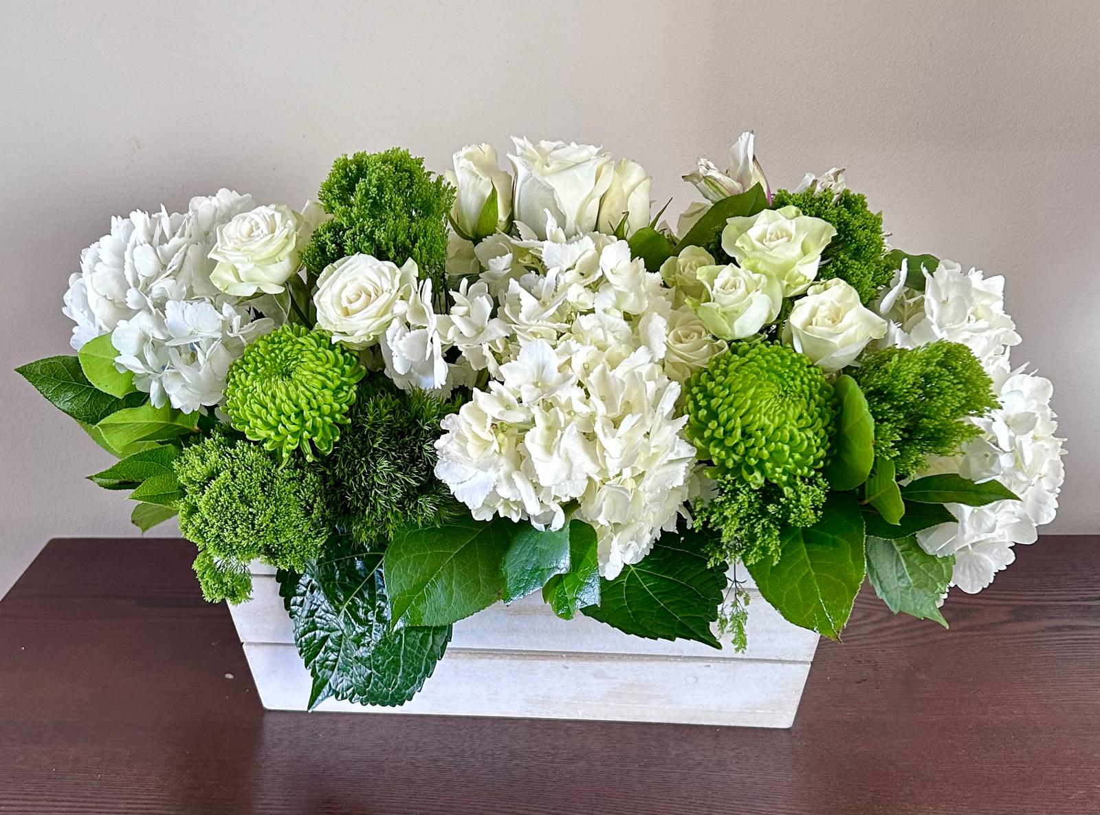 Pearl Wooden Box - This crisp white and green arrangement includes roses and hydrangeas. It is the perfect gift for just because. Its size and shape make it a fitting centerpiece for any table.  WHITEWASHED WOODEN BOX  All Occasion Place your Order Online Monday to Saturday before 1:00 p.m. (E.T.) for same-day delivery. “Orders received after hours will be delivered the next business day”. Check our coverage area. Occasionally, flowers and/or container substitutions happen due to weather, seasonality, and market conditions, which may affect availability. If this is the case with the gift you’ve selected, we will ensure that the style, theme, and color scheme of your arrangement are preserved and will only substitute items of equal value or higher value.  CARE INSTRUCTIONS Gently mist the arrangement with natural water every other day. Do not spray any cleaning product on the flower arrangement. Do not place heavy objects directly on the flower arrangement. Keep them out of direct sunlight and extreme heat.   