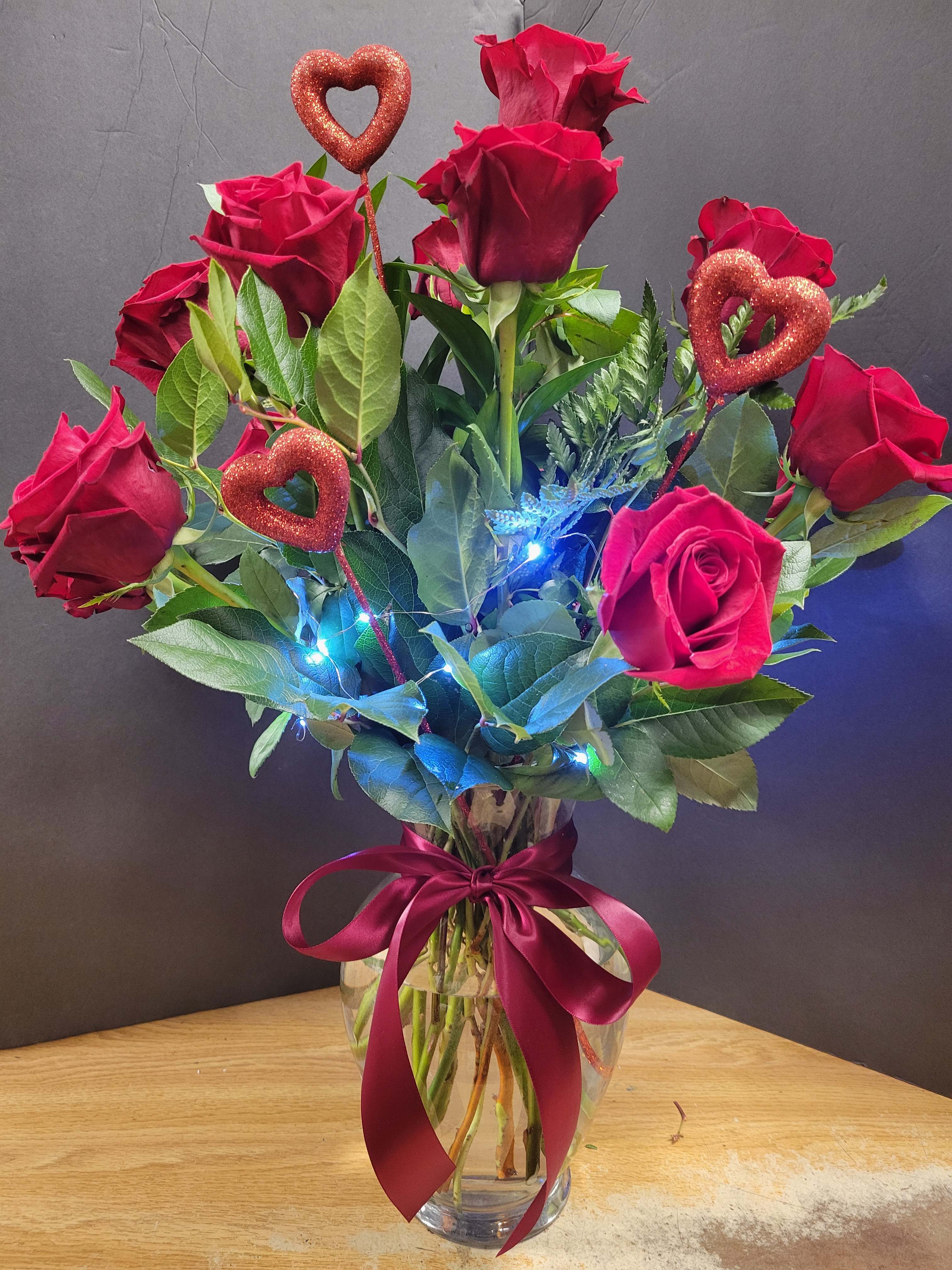 You Light Up My Life Dozen Roses - Wow your valentine with a dozen red roses with fairy lights included! 