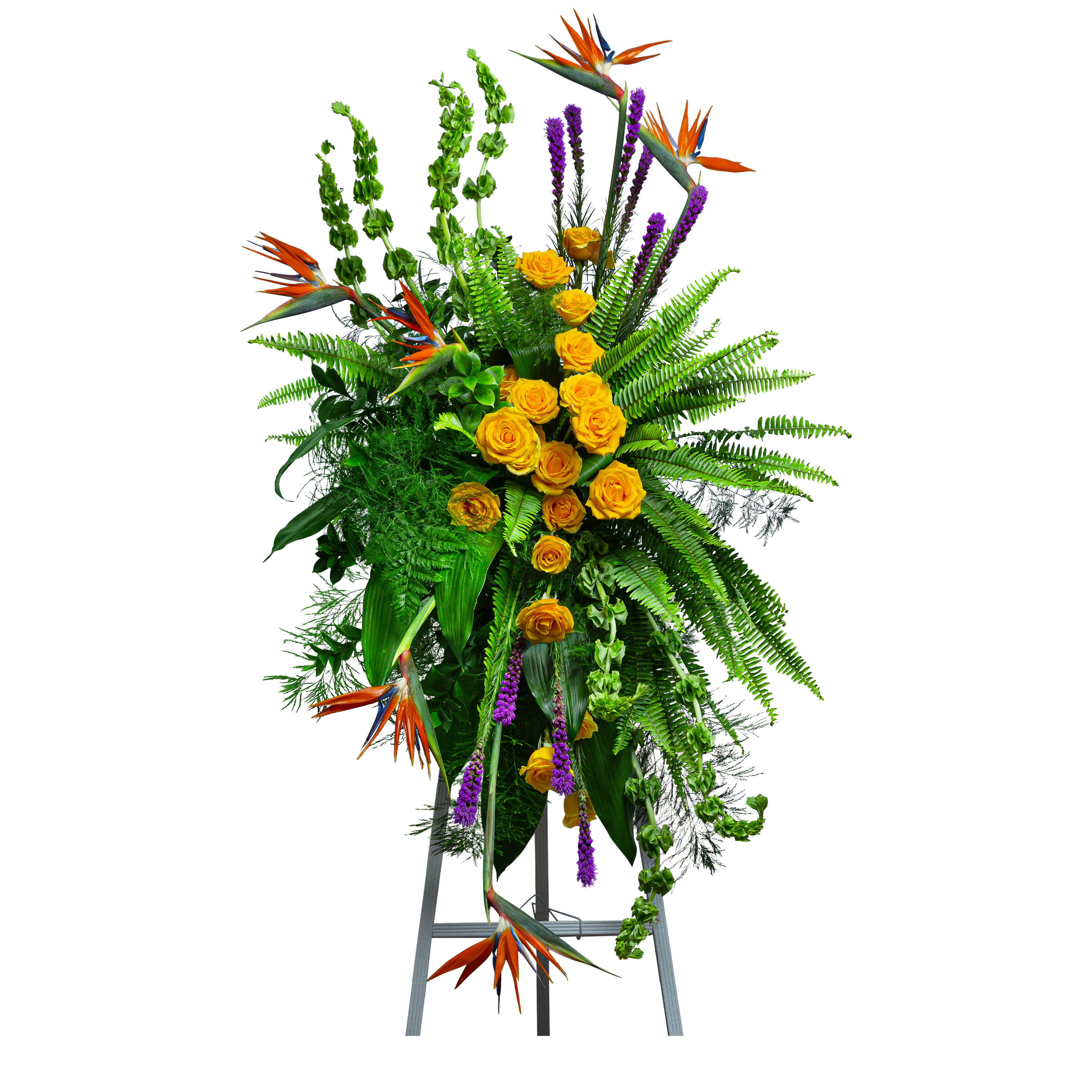 Birds of Solace Sympathy Standing Spray - Deluxe - TMF-1375D - The Birds of Solace Standing Spray will capture the spirit of joy your loved one brought to life. Bright yellow roses, and birds of paradise surrounded by lush green foliage give this arrangement a tropical feel. Appropriate for funerals and graveside services. Approximately 32&quot;W X 61&quot; H