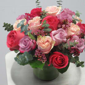 The Eucalipto Piks and purple Roses - 12 roses some lite pinks , some hot pinks plus purple roses too on a cylinder 5/5. with baby blue eucalyptol that smell beautiful with the aroma of the roses  simple and beautiful