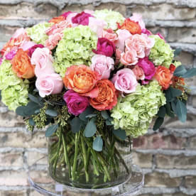 garden of spray - a cylinder base green hydrangea,mixs spray roses and cedar eucalypt.