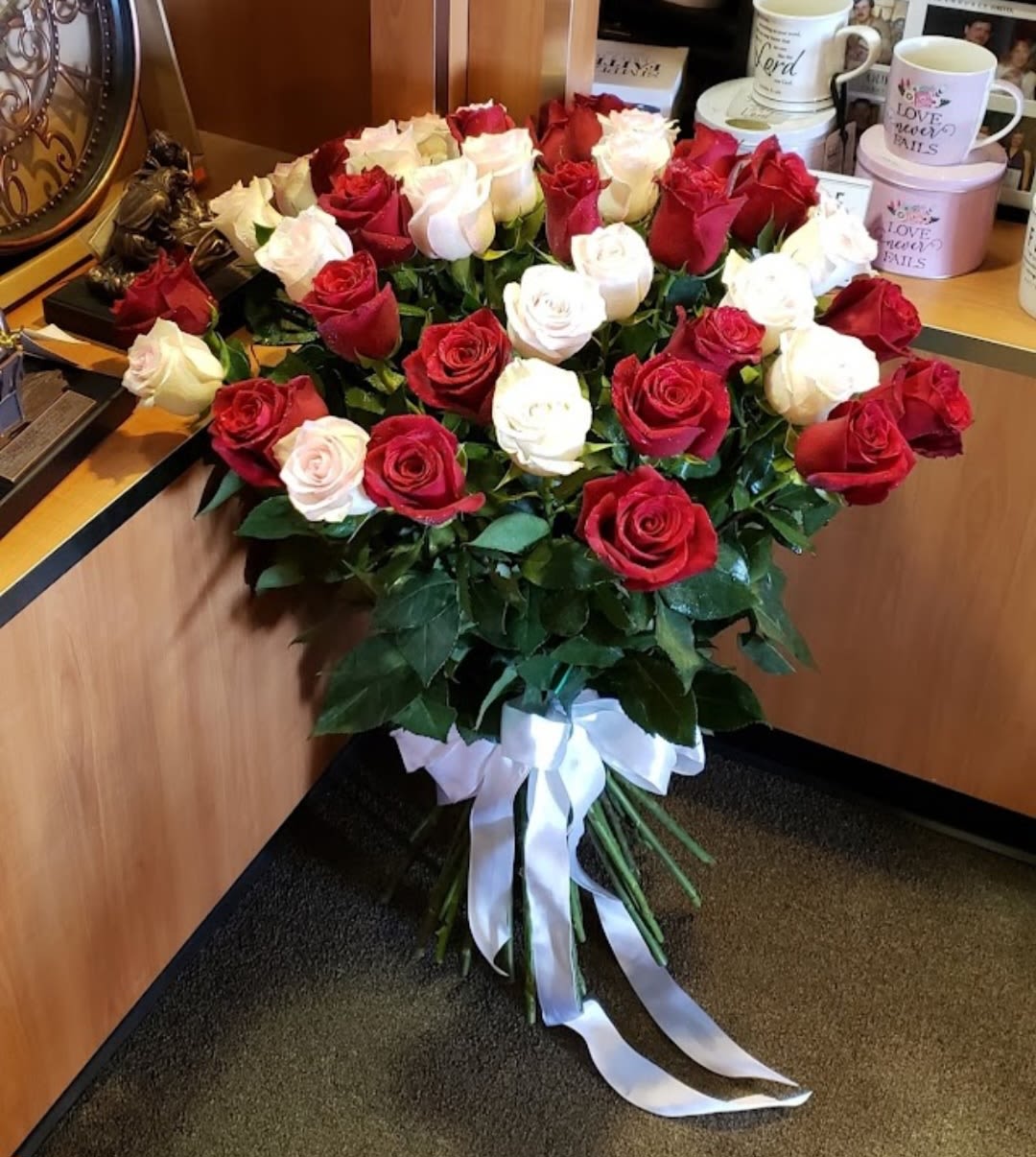 WHITE &amp; RED - 50 LONG STEM ECUADORIAN RED AND WHITE ROSES BOUQUET BY HEART 2 HEART