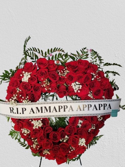 Floral Open Heart Tribute - Funeral Arrangement in open heart shape with red roses and babies breath