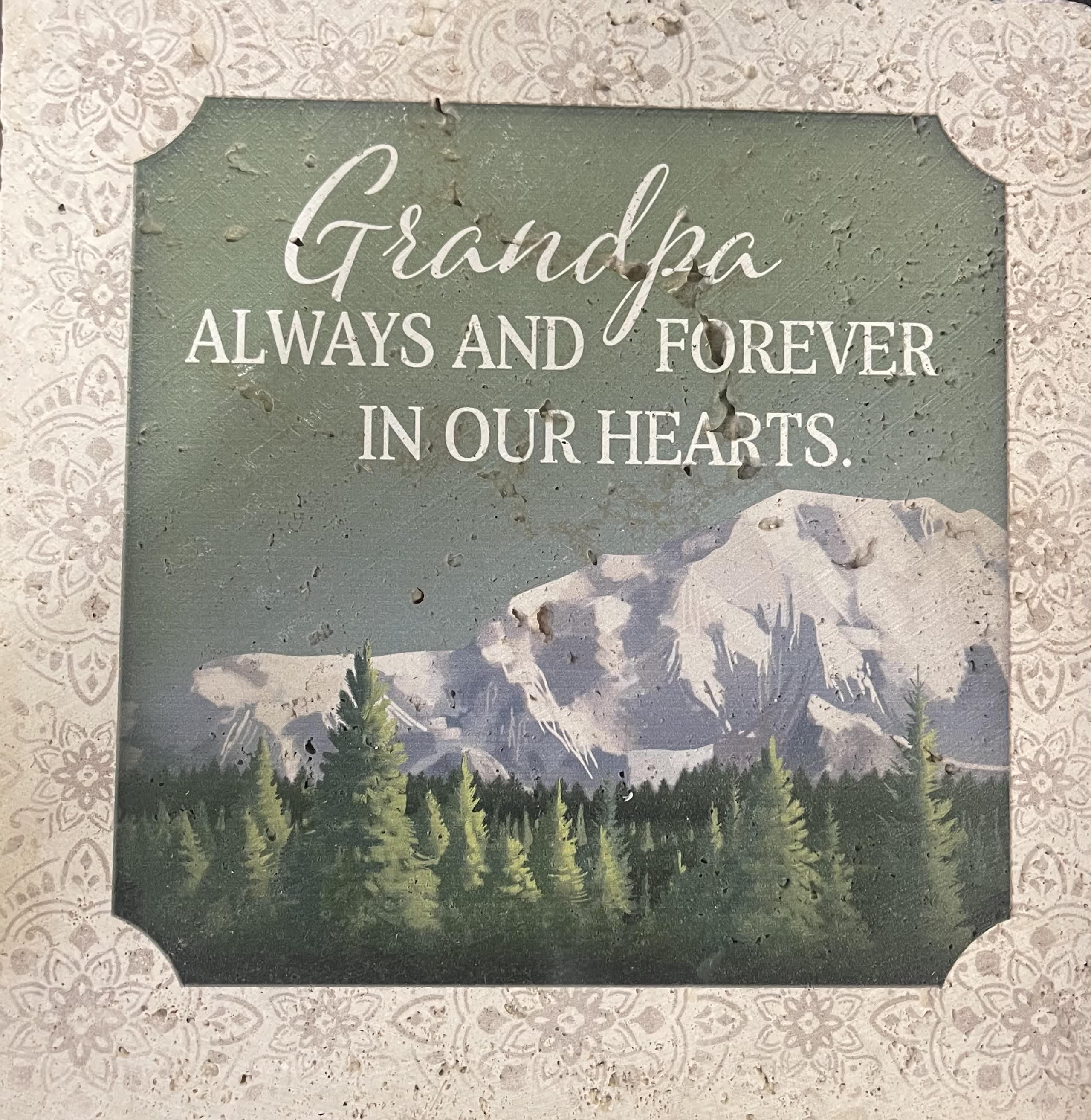 Grandpa Travertine Paver with Easel - Our travertine pavers are made of weather friendly natural stone. While we take great care in checking our stones for quality issues, some may include imperfections. 8&quot;H x  8&quot;W x 1&quot;D