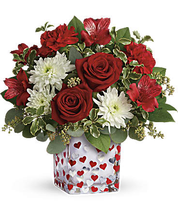 Happy Harmony Bouquet Happy Harmony Bouquet - This harmonious bouquet features red roses, red alstroemeria, red carnations, white cushion spray chrysanthemums, seeded eucalyptus. Delivered in a Happy Harmony Glass Cube. Approximately 12" W x 11 1/2" H