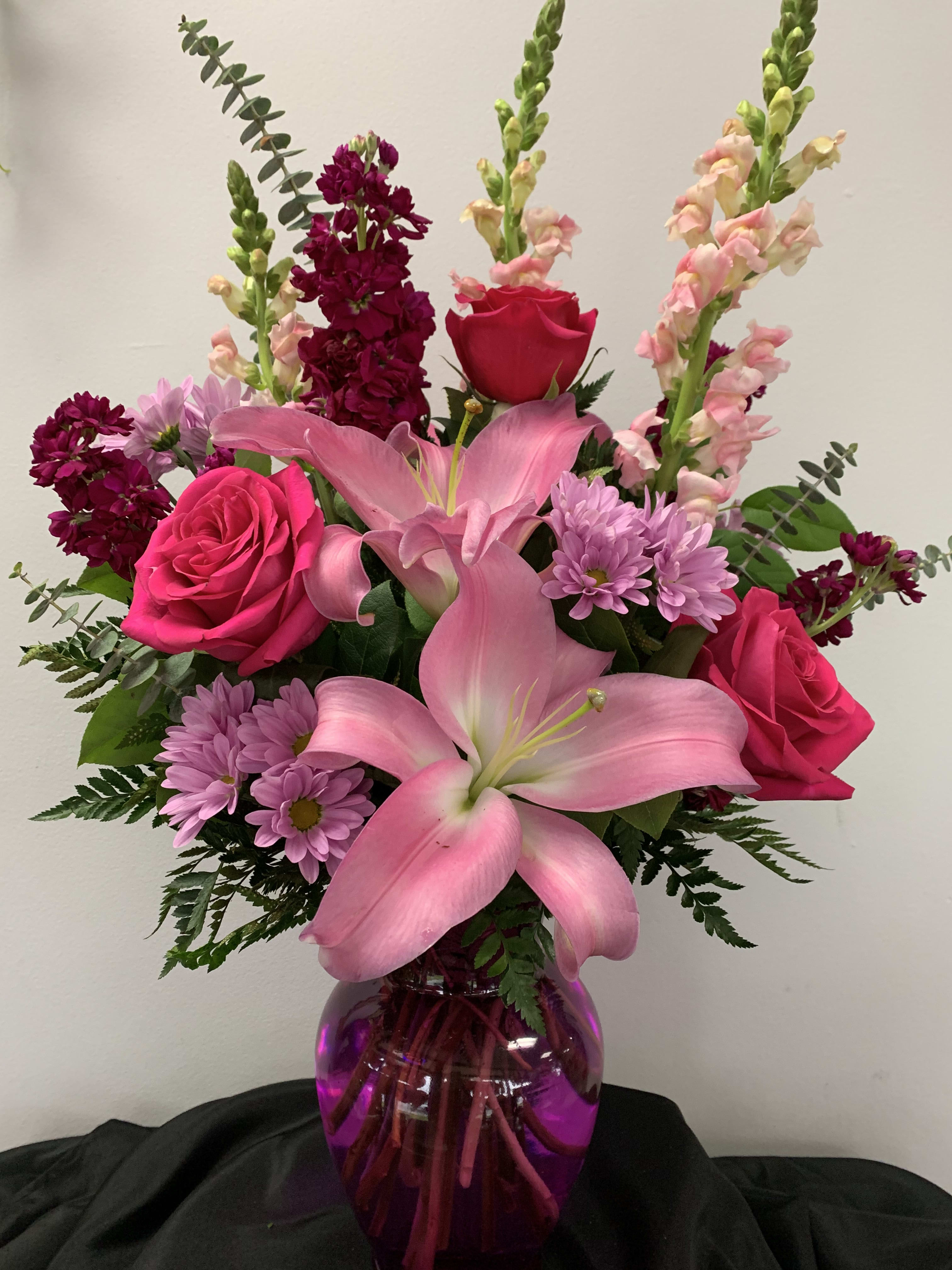 Bold Beauty Bold Beauty - Hot pink vase filled with hot pink, fuchsia and lavender flowers