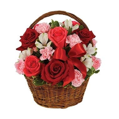 Valentine's Day Basket - Entirely irresistible in every imaginable way, this floral stunner can?t help but be on everyone?s Valentine?s Day wish list. Red and hot pink roses collaborate with white alstroemeria and pink mini carnations in a lovely willow basket capped off by a beautiful red satin ribbon. Small Measures 13?H by 10?L. Medium Measures 13?H by 10?L. Large Measures 13?H by 10?L.