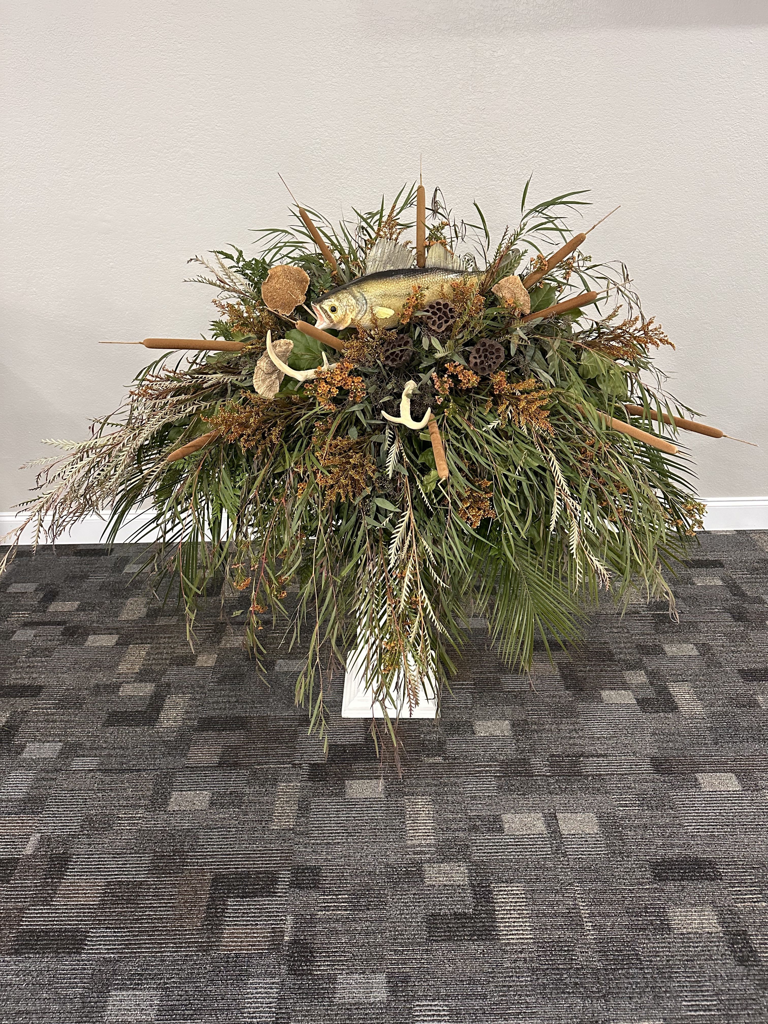 The Outdoorsman Casket Spray  - Woodsy Caskey Spray, fish and antlers included. Customizable upon request. 