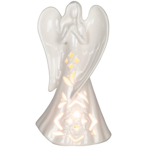 11.5&quot; Angel Light Figurine - This ceramic angel light figurines is made of high fired ceramic. The angel light includes a 7 watt bulb and electrical cord with on and off switch.  W: 6.5&quot; H: 11.5&quot; D: 4.25