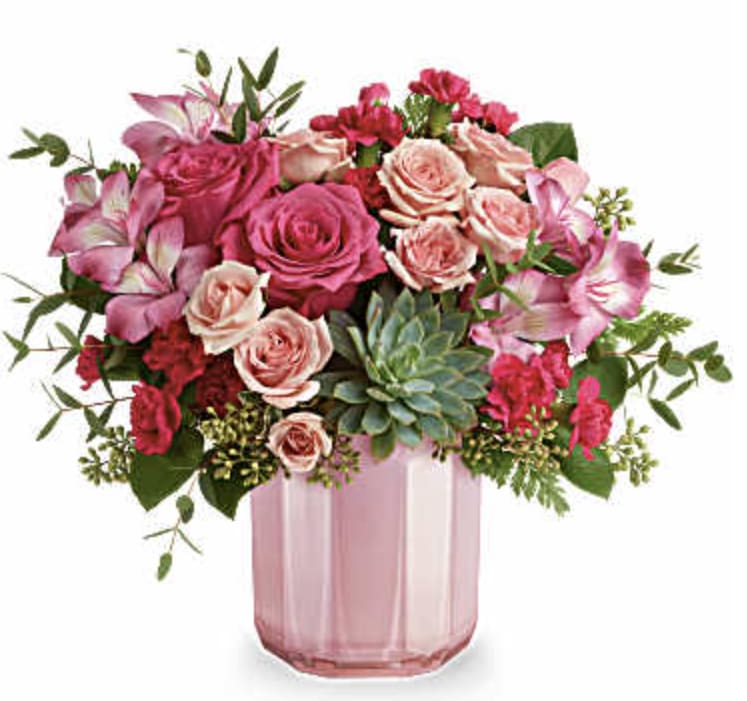 Rosy Radiance Bouquet - Brighten their day with this fabulous Valentine's Day bouquet, featuring a lovely succulent, all elegantly arranged in a pink glass vase with a chic sculpted design and pearlescent finish.