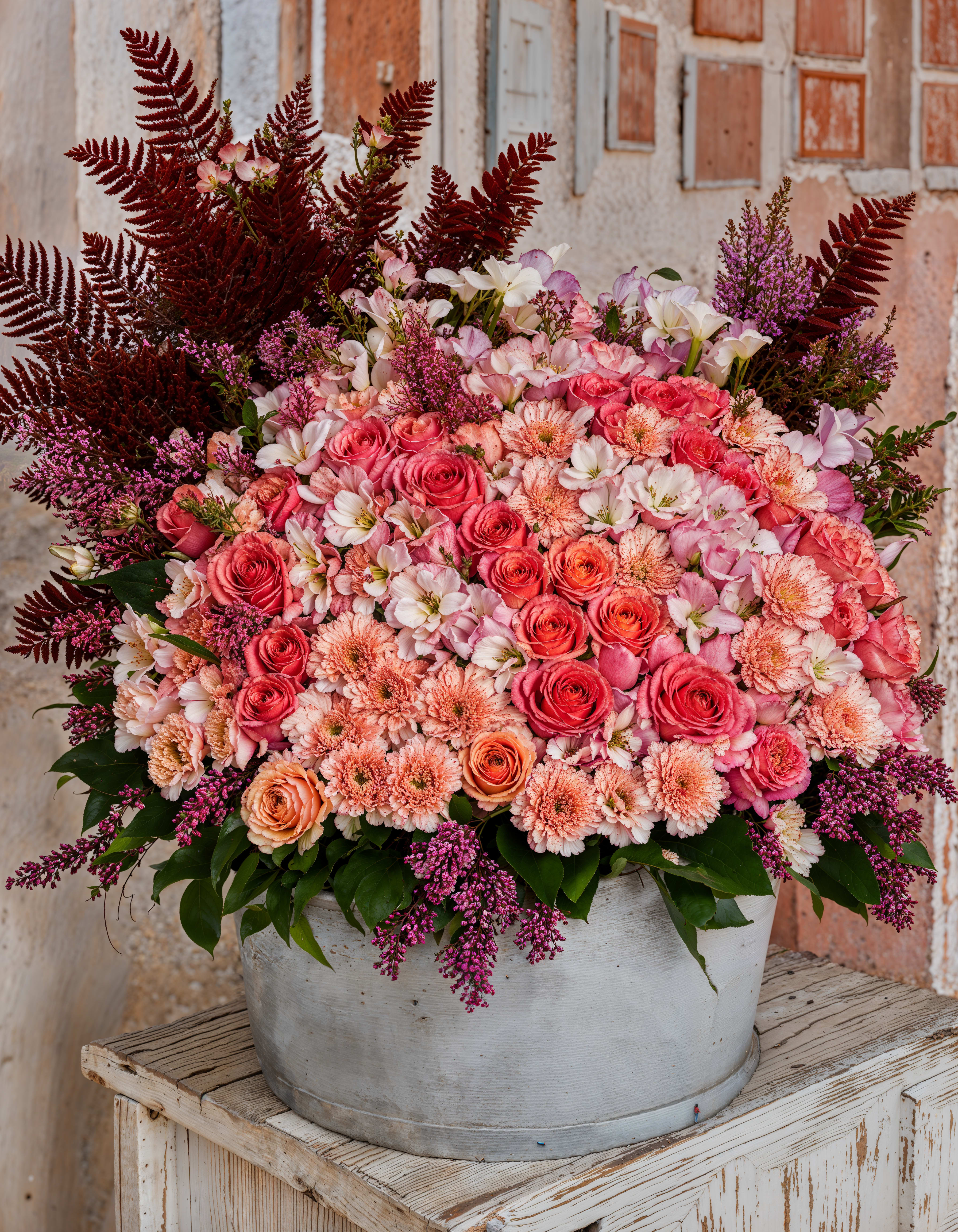 Grand Coral Elegance - A breathtaking arrangement that exudes luxury and elegance. This opulent display a stunning blend of vibrant roses, delicate mix flowers, creating a visual masterpiece. Elevate your space or gift someone special with this unforgettable floral experiences 