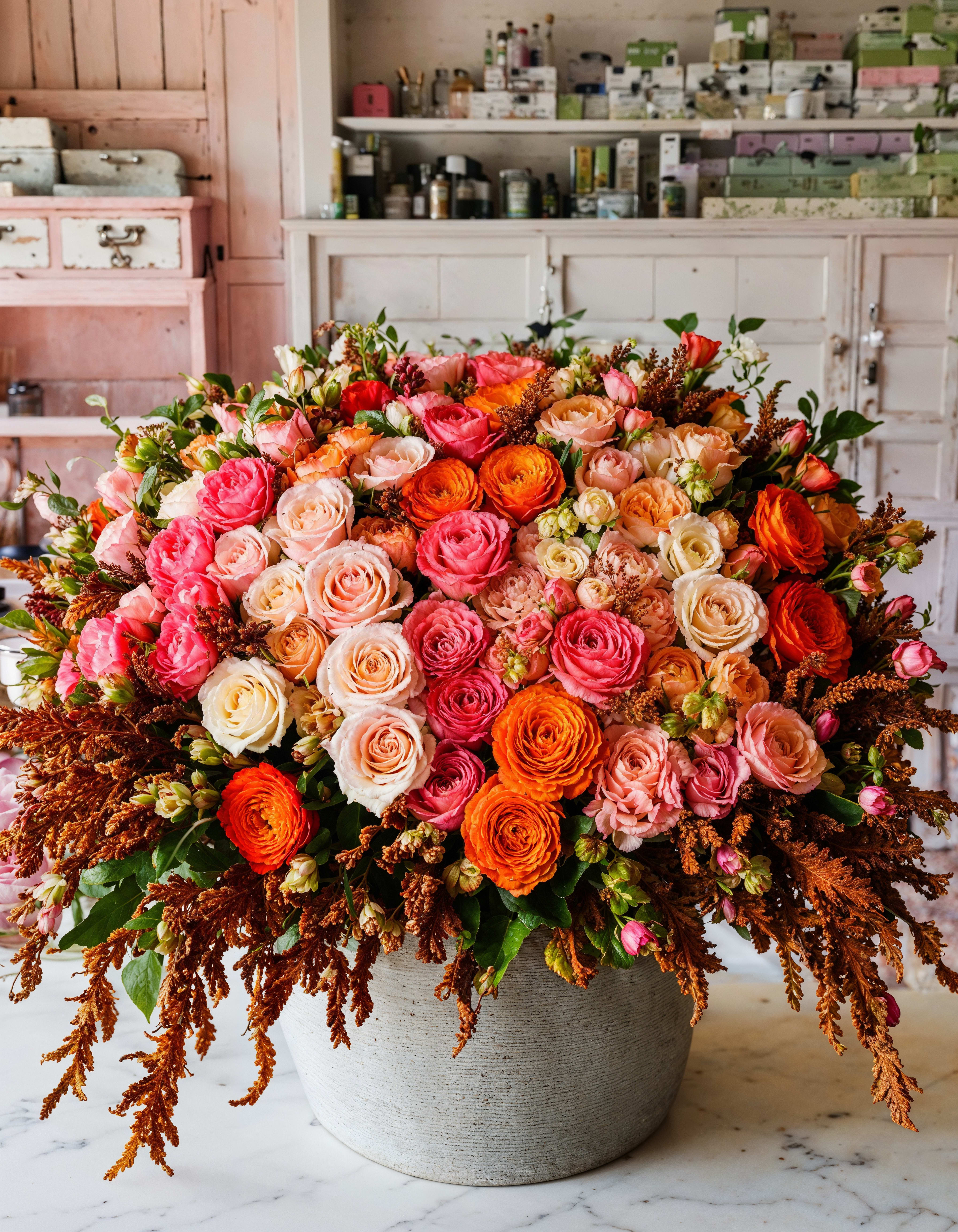 Grand Sunset Symphony - Spectacular floral arrangement that captures the warmth and vibrancy of a sunset.  Featuring an exquisite mix of radiant roses in shades of orange, peach, and pink, this arrangement brings a touch of grandeur to any setting. Perfect for making a bold statement at upscale events or as a luxurious gift.