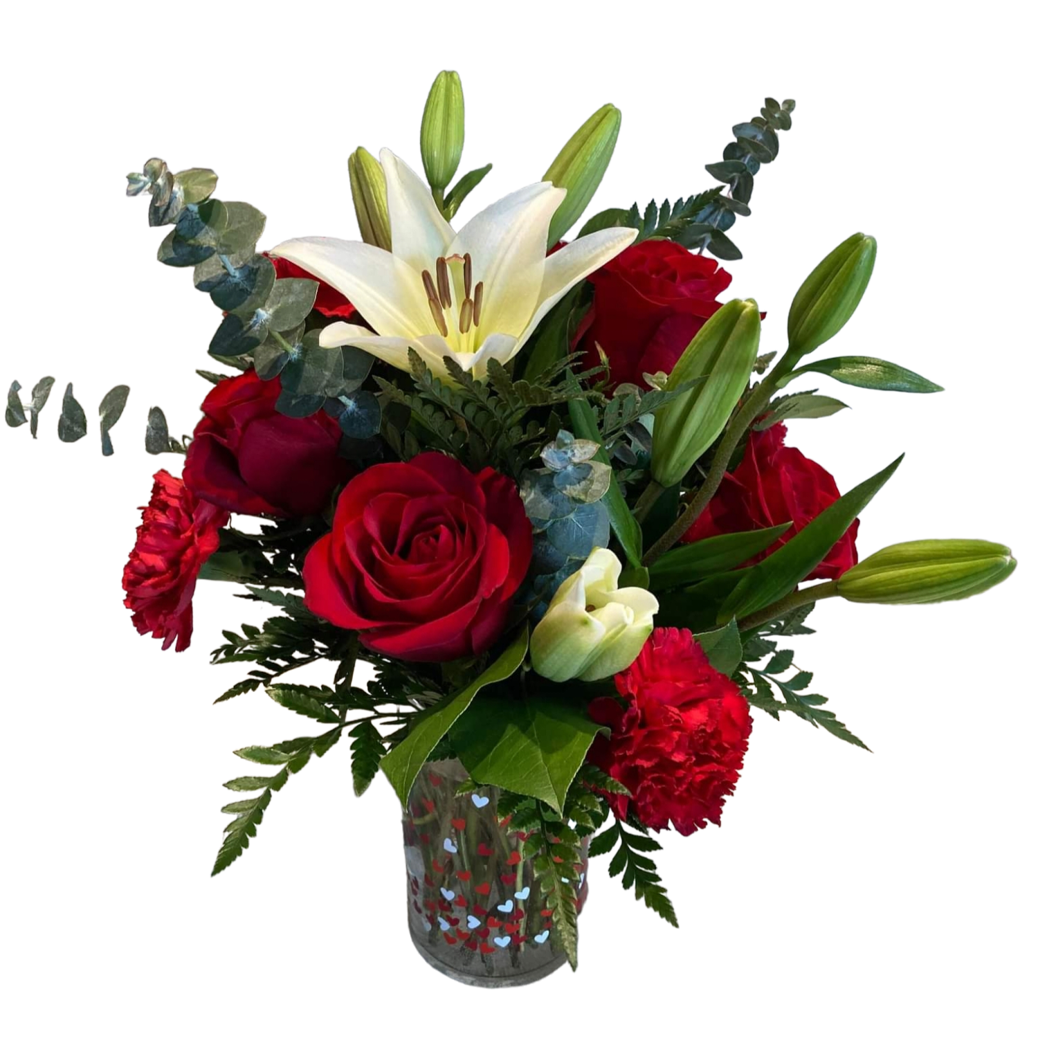 Love Star - Be a Love Star this Valentine's Day with this rockin' design. Beautiful white lilies, roses and carnations make this design POP! NOTE: Container may vary.