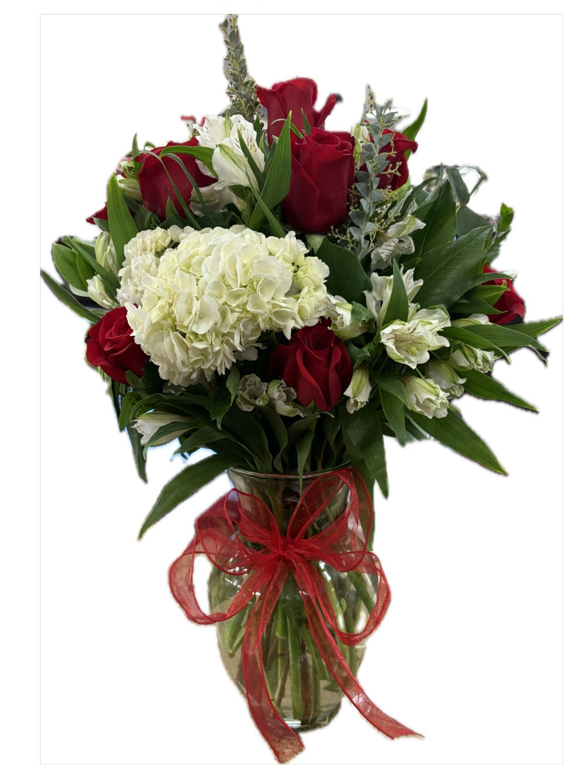 red tomance - dozen red roses with greenery, white hydrengeas and white alstromerias