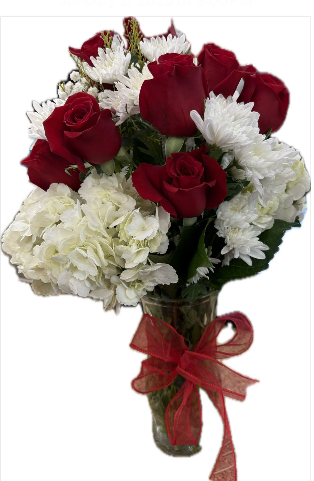 red and white blooms - 12 red roses, white hydrey, greenery and white poms in a tall vase.