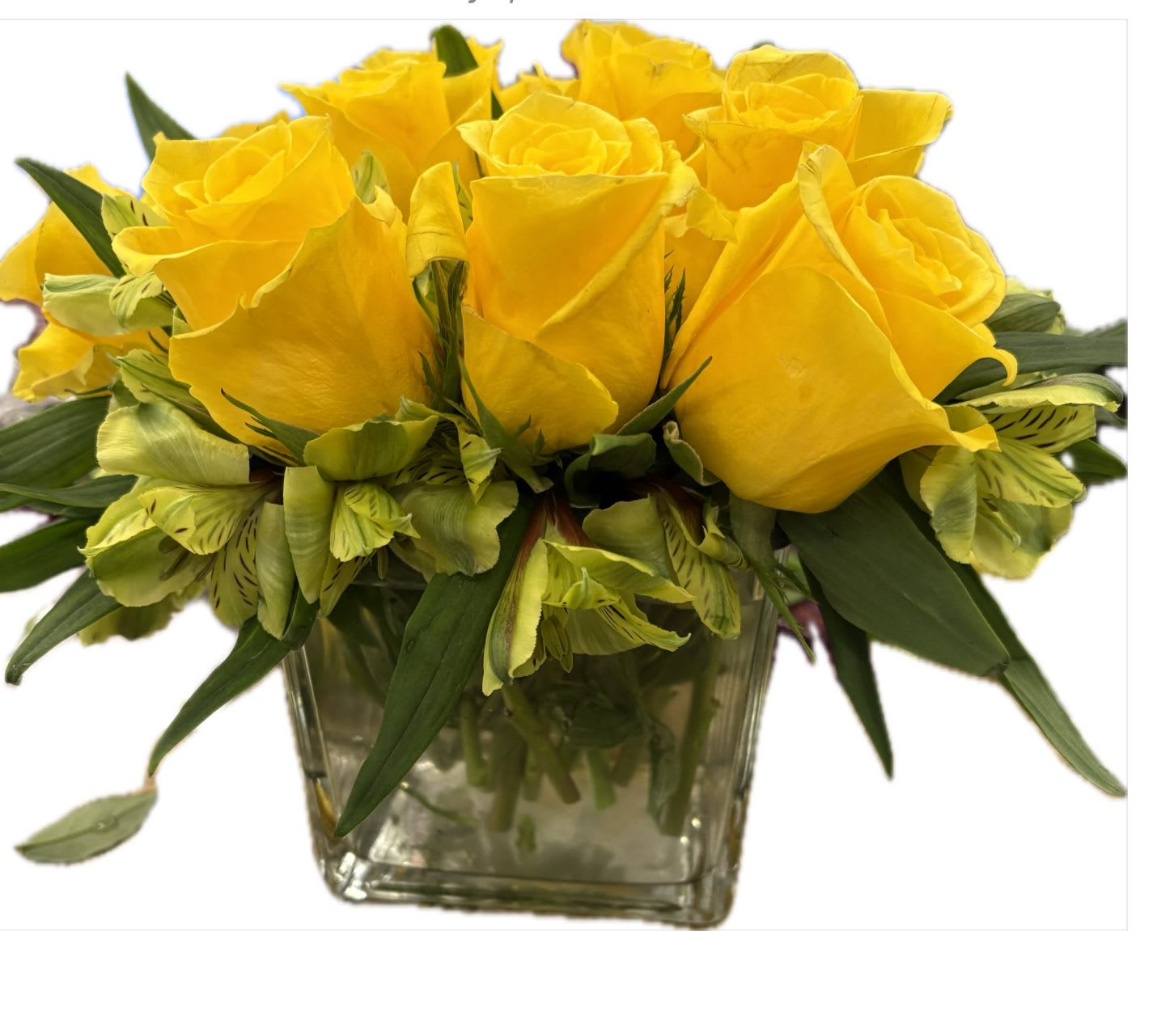 Sunshine Delight - Dozen bright yellow roses, gren alstromeria in a short square vase
