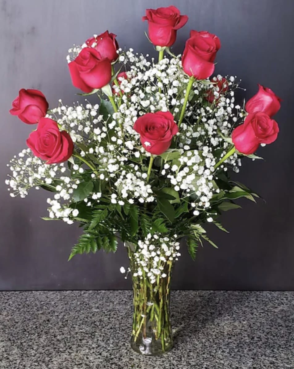 Rose Splendor - 1 doz Red Roses with babys breath 