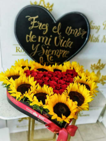 JUMBO HEART BOX ROSES AND SUNFLOWERS - N/A
