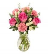 Because Of You Bouquet - Product Recipe:  All pink arrangement with hints of white, including pink roses, and white spray roses. 