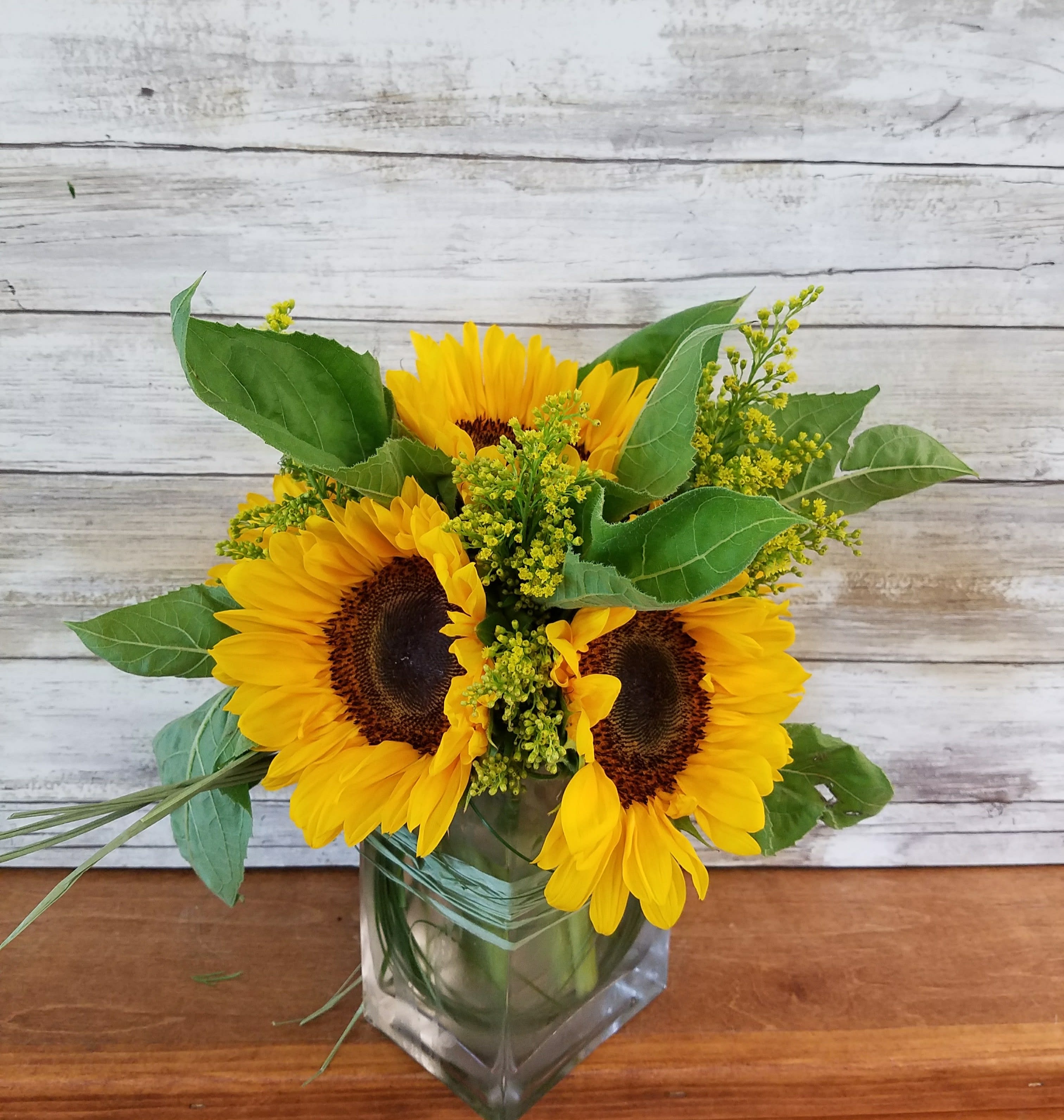 Sunny Sunflowers - Brighten someone's day with a fresh bouquet of Local Sunflowers arranged with solidago and greens accented with raffia.   Approx 10&quot; tall 