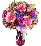 Precious Mom Bouquet - Product Recipe:  Pink and purple arrangement, including purple roses, pink gerbera daisies, pink lilies and asters.