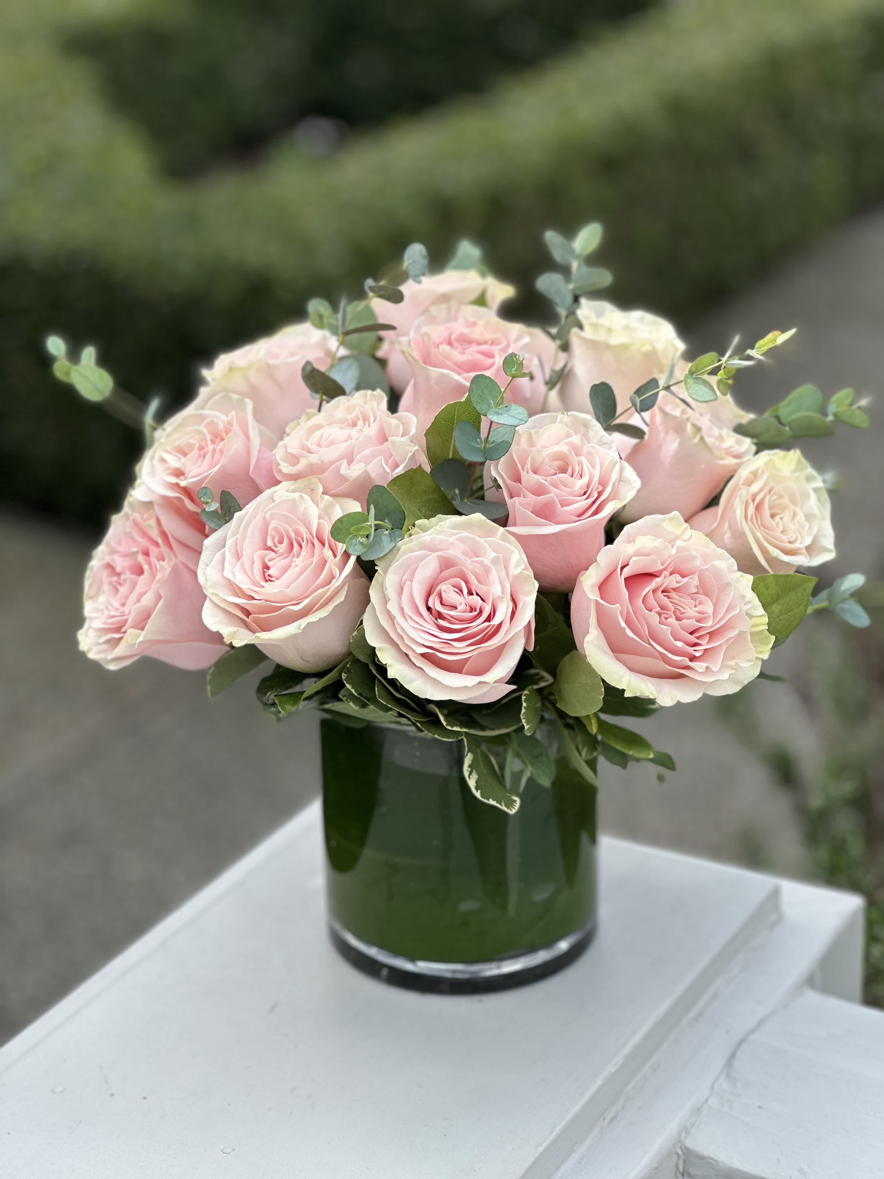 Light Pink Rose Cylinder Light Pink Rose Cylinder - Pink roses designed in a low style cylinder. This low & compact style arrangement is perfect for the table. Select 12, 18, or 24 roses