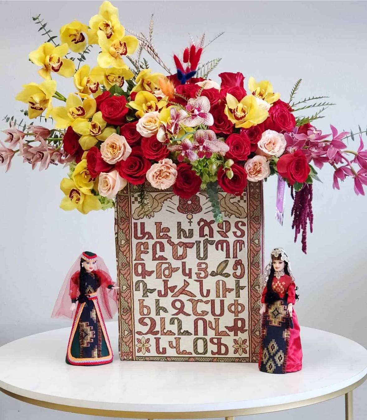 Armenian Alphabet Box - Mixed flowers arranged in handmade Armenian letter box