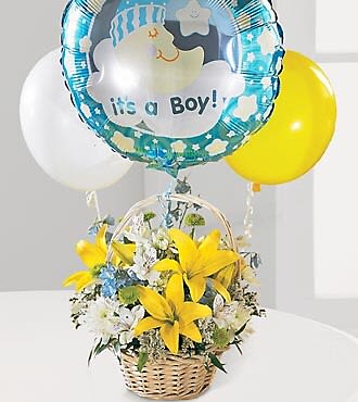 Bundle of Boy1 Bouquet Bundle of Boy1 Bouquet - Yellow lilies and bright daisies arranged in a wicker basket decorated wit 2 latex and 1 mylar balloon.