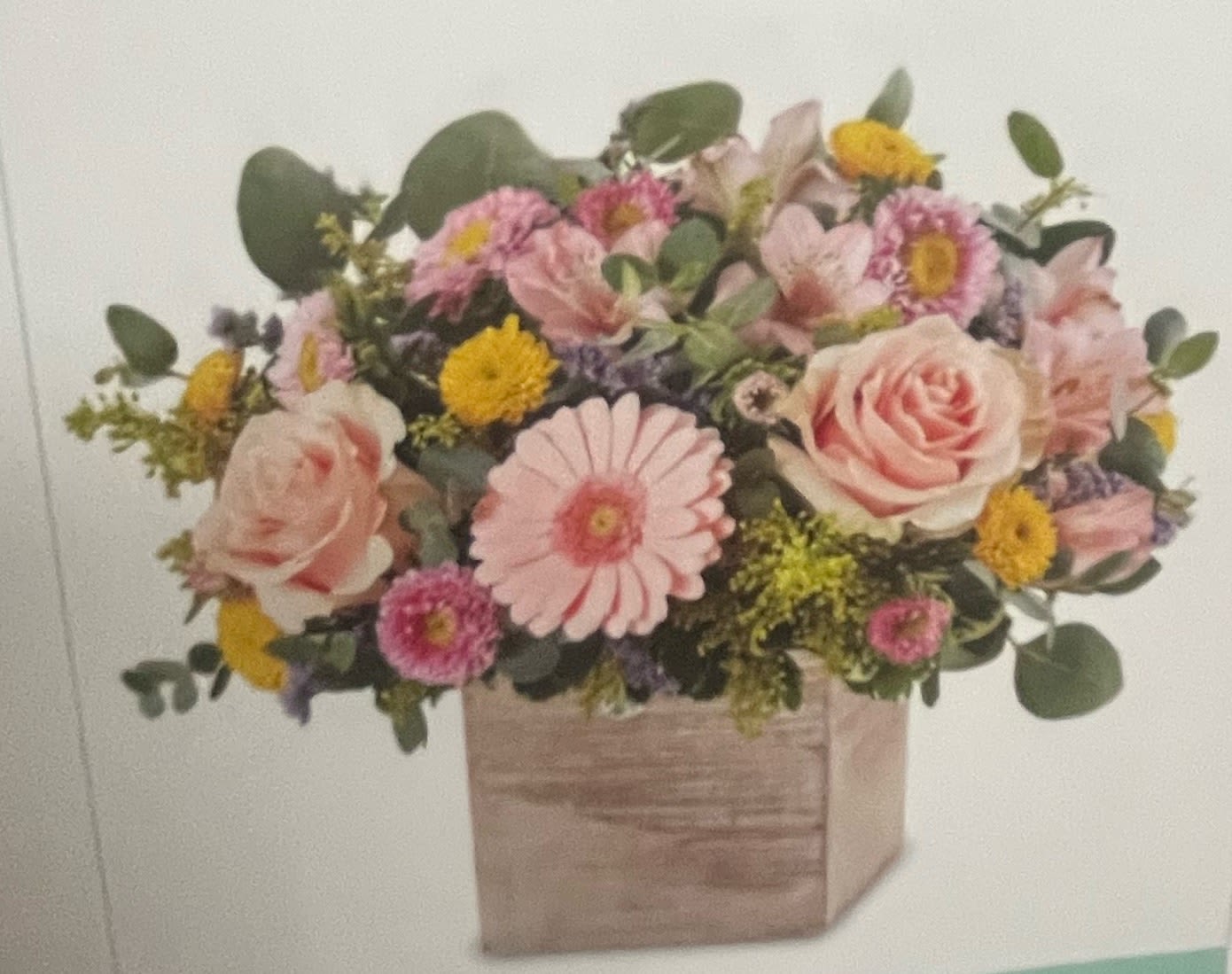 Spring sentiment Spring sentiment - All round arrangment Rosa’s peach or pink , mini gerberas astromerias Solidago button yellow
