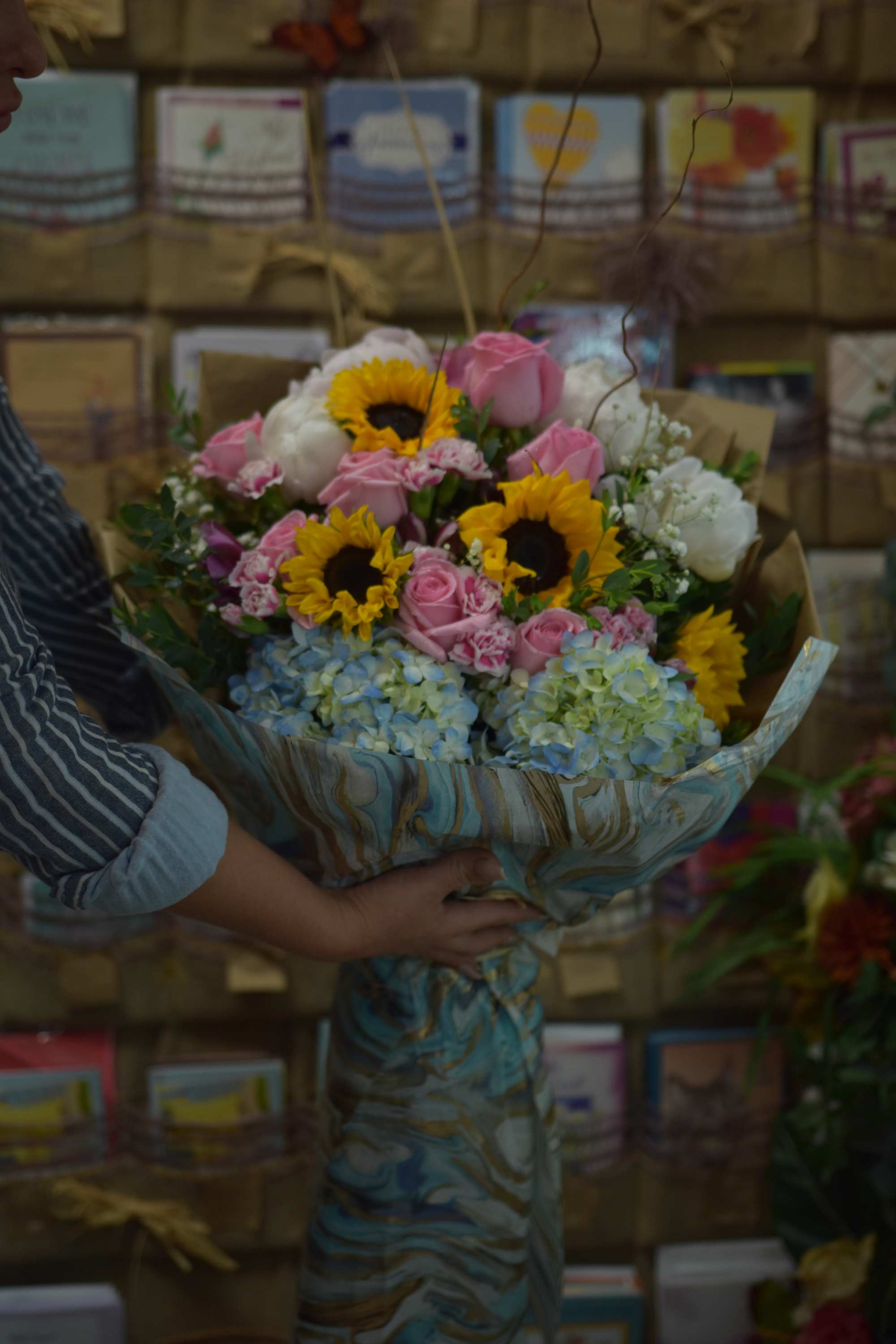 Sweet Success Sweet Success - An extravagant wrapped floral arrangement packed with hydrangea, sunflowers, and roses. This is sure to make a statement! *Paper wrap may vary