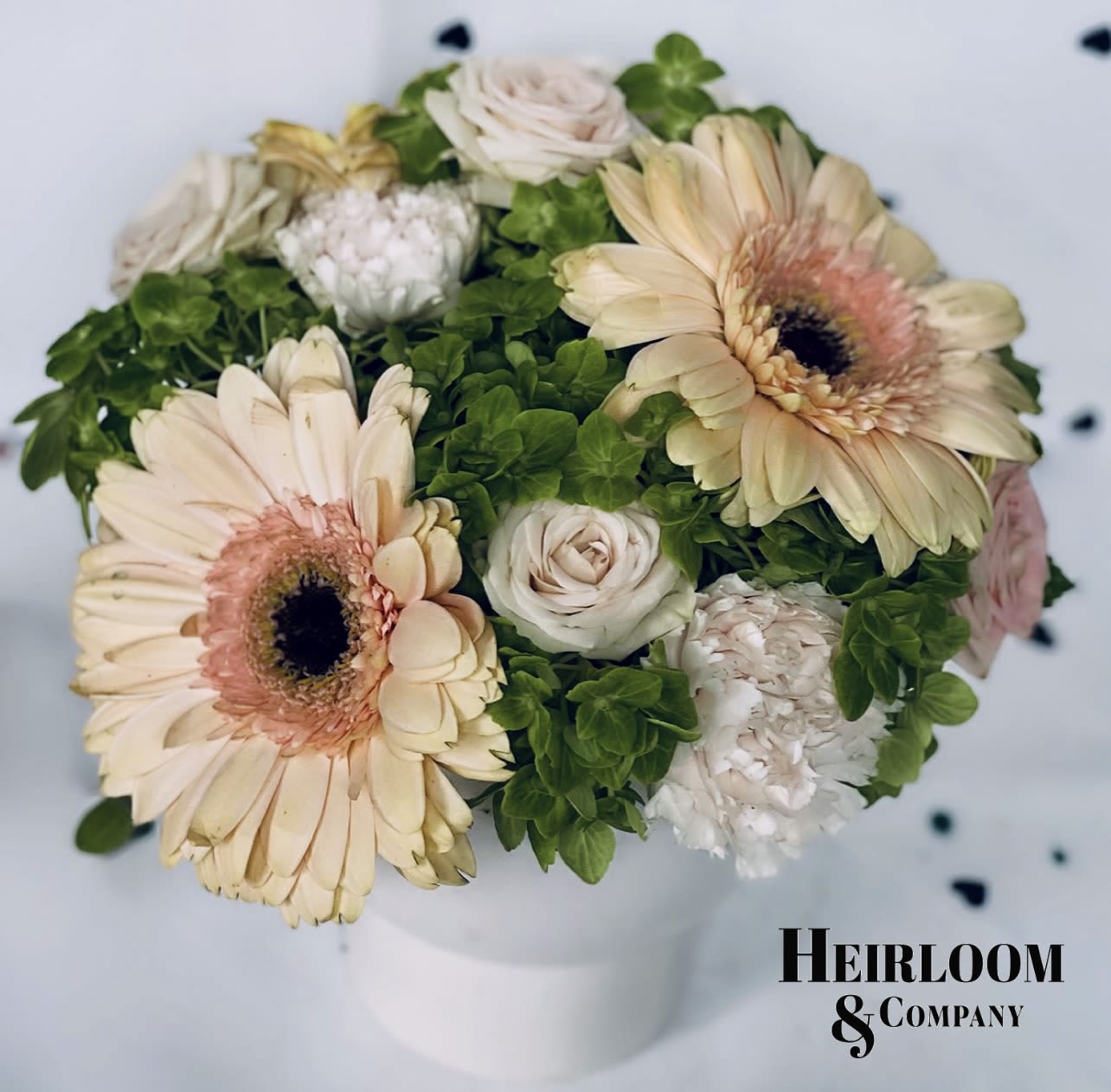 Daisies and Sunshine Daisies and Sunshine - A delicate and timeless floral arrangement featuring blush-toned Gerbera daisies, creamy roses, and lush green hydrangeas. The soft hues blend seamlessly, creating a romantic and sophisticated design. Perfect for elegant celebrations, heartfelt gestures, or simply adding a touch of beauty to any space. Designed with care by Heirloom & Company.