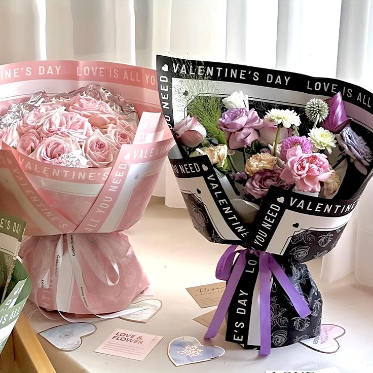 Valentine Bouquet Valentine Bouquet - Flowers Wrapped in Pink or Black VALENTINE'S Paper