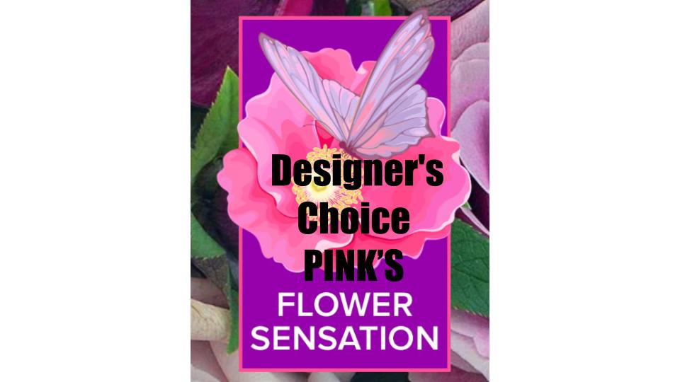 DESIGNER'S CHOICE PINK'S vase DESIGNER'S CHOICE PINK'S vase - SEASONAL MIX OF SHADES OF PINK arranged in a clear glass vase