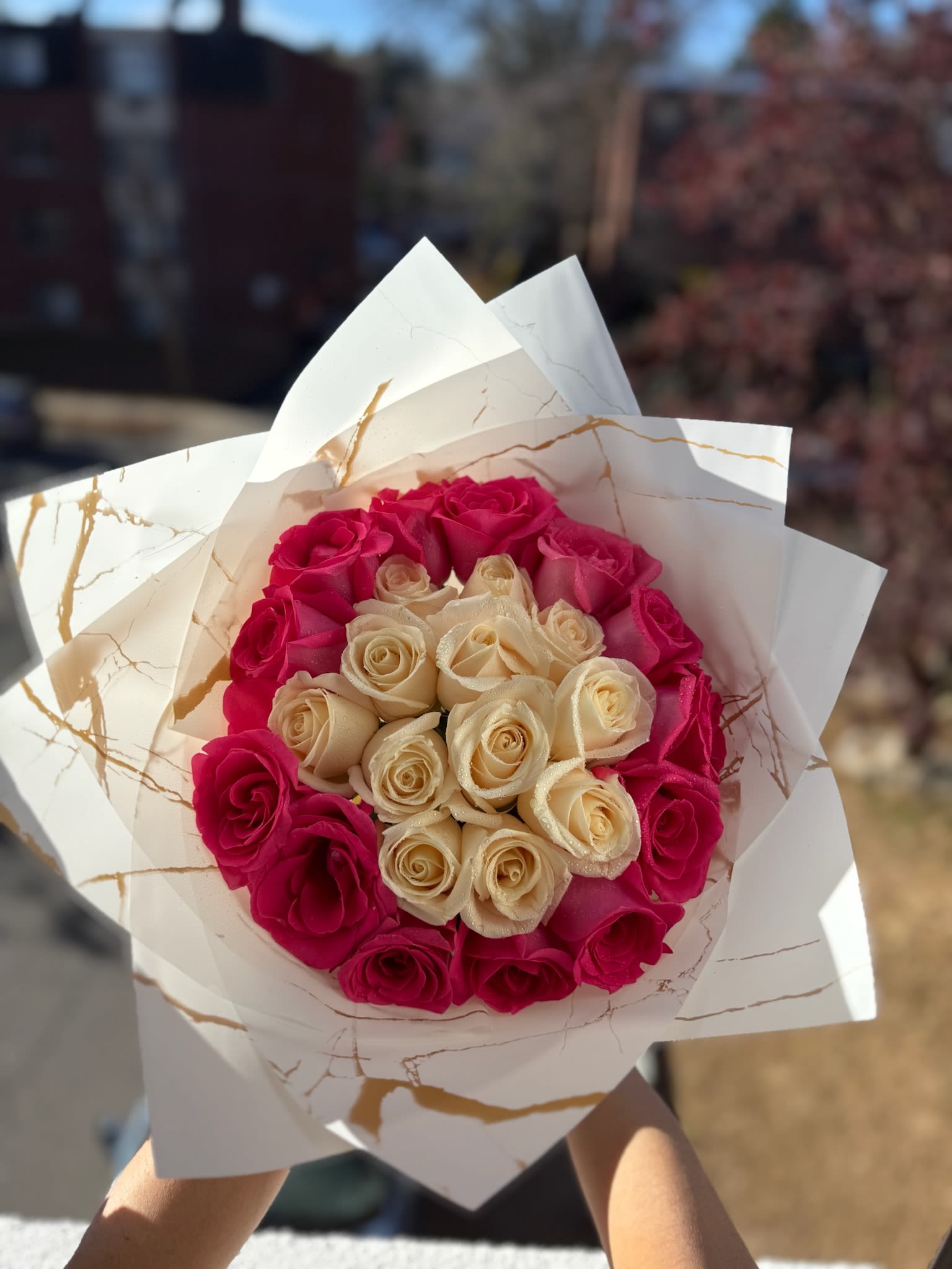 White and Pink Roses Bouquet - White and Pink Roses Bouquet wrapped in White golden floral paper.