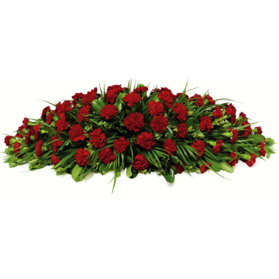 Classic Carnation Casket Spray Classic Carnation Casket Spray - A casket spray of radiant red carnations with fresh garden greens makes an impressive display for that someone special. Standard - Half Casket Spray - 48 Carnations - Approximately 38" (W) x 27" (H) Deluxe - Half Casket Spray - 60 Carnations - Approximately 38" (W) x 27" (H) Premium - Full Casket Spray - 84 Carnations - Approximately 60" (W) x 28" (H) Casket flowers are typically reserved for the closest family members, often the spouse, children, or siblings of the deceased. When shopping for casket spray flowers, you'll find two types of arrangements to choose from. Full casket sprays are placed in the middle of the casket and are larger than half casket spray flowers. Full casket arrangements are usually ordered if it is a closed casket funeral. Whereas the smaller half casket sprays are typically used for half-open casket services.