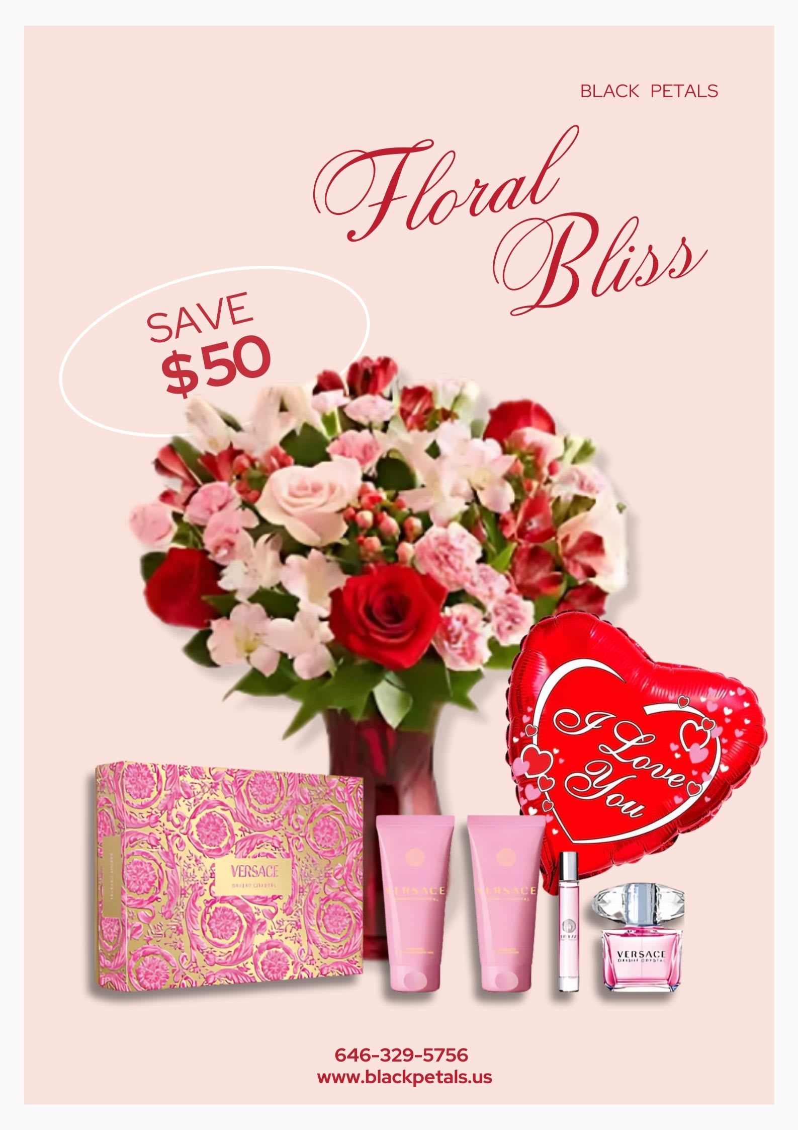 Blush & Bloom Bundle Blush & Bloom Bundle - Show your love with a breathtaking floral bouquet, a Versace gift set, and a romantic heart balloon! The perfect blend of romance and luxury awaits. Save $50 today—order now before it’s gone!