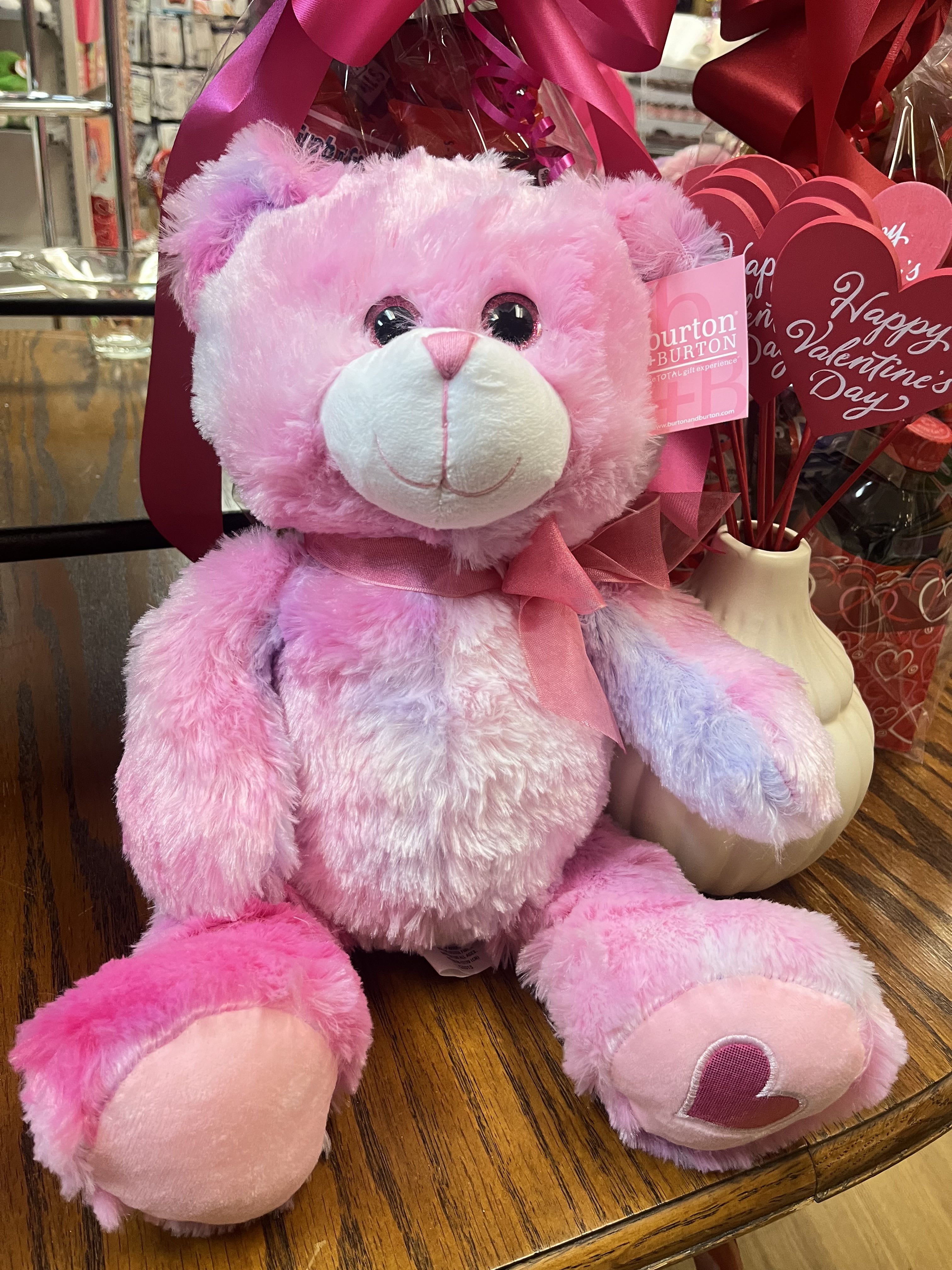 Pinkalicious Bear - This beautiful 17” bear,  is a soft, pink tye dye with a purple hue, is cuddly and oh so pink!  