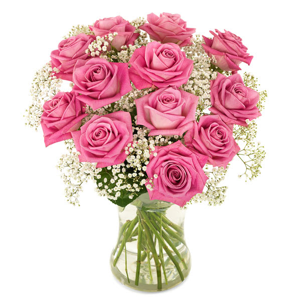 Sweet Love Rose Bouquet - &quot;I'm taking care of you!&quot; That's the message you convey with this sentimental bouquet. Pink represents empathy and gentleness. In this bouquet of pink roses, the color is expressed especially beautifully in combination with white gypsophila.Standard: 12 Roses. Deluxe:18 Roses. Premium: 24 Roses. 