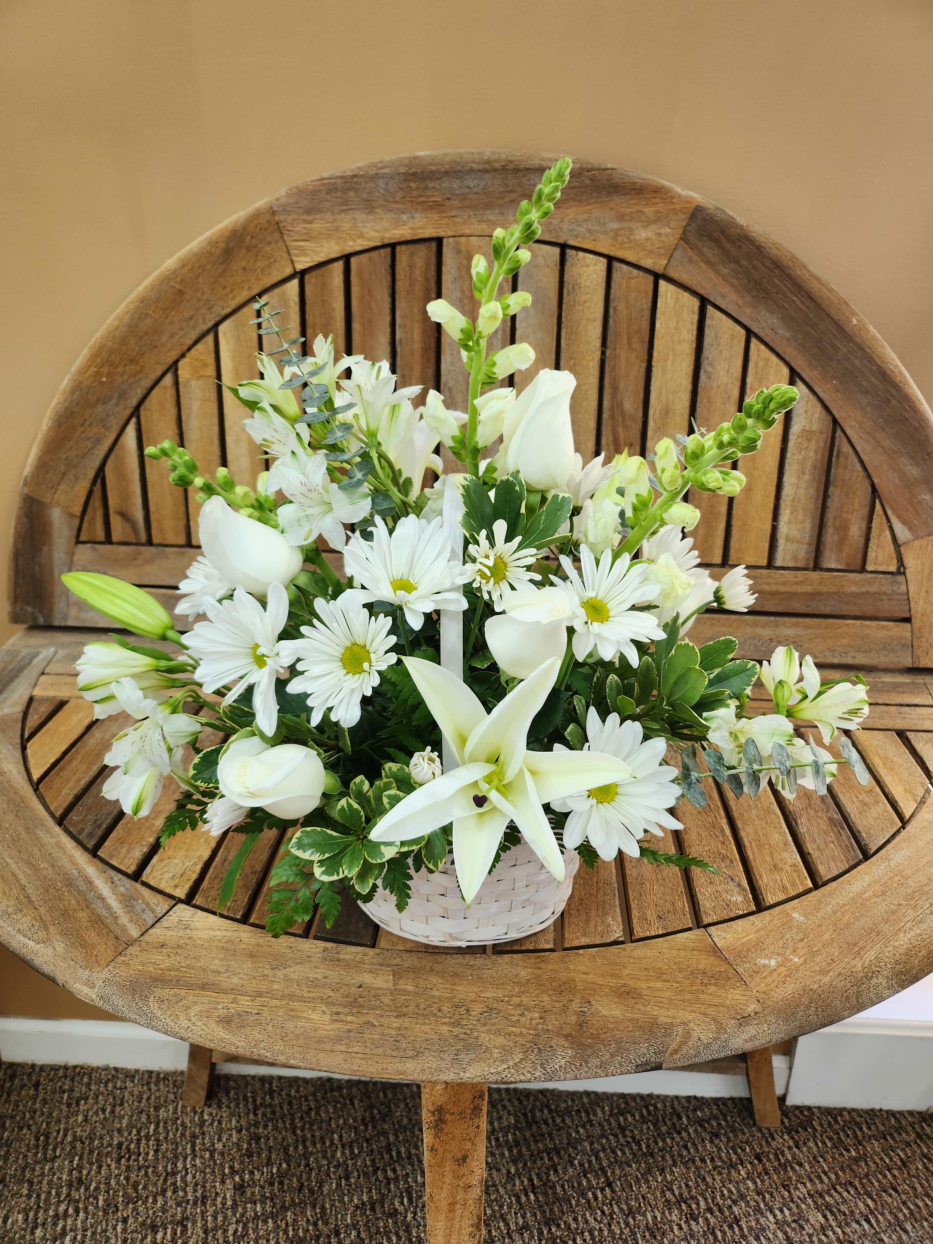 SYA13 Forever Lilies Sympathy Bouquet  - Wicker Basket Of Lilies,Roses,poms,wax flowers &amp; Snap dragons