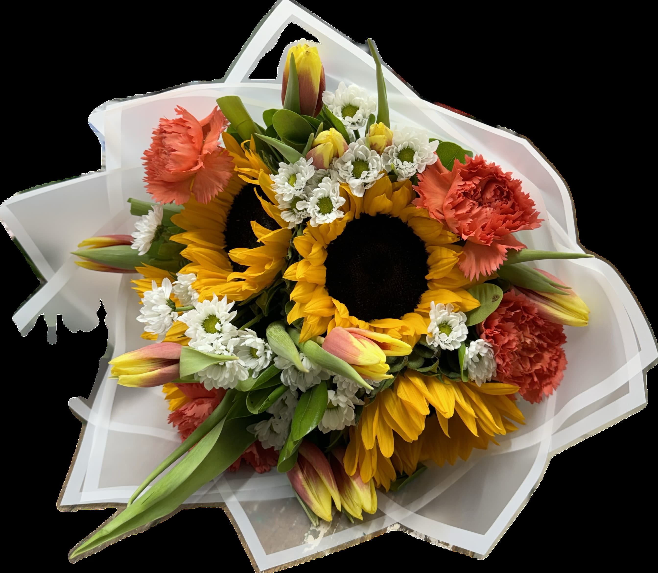 Wrapped Bouquet  - Hand wrapped tulips and sunflowers arranged with other florals. Colors may vary due to availability of selected florals