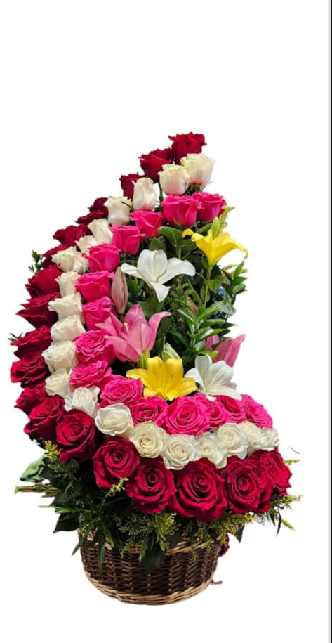 Brilliant Basket  - Beautiful basket of three color roses  The ideal arrangement to say many things 