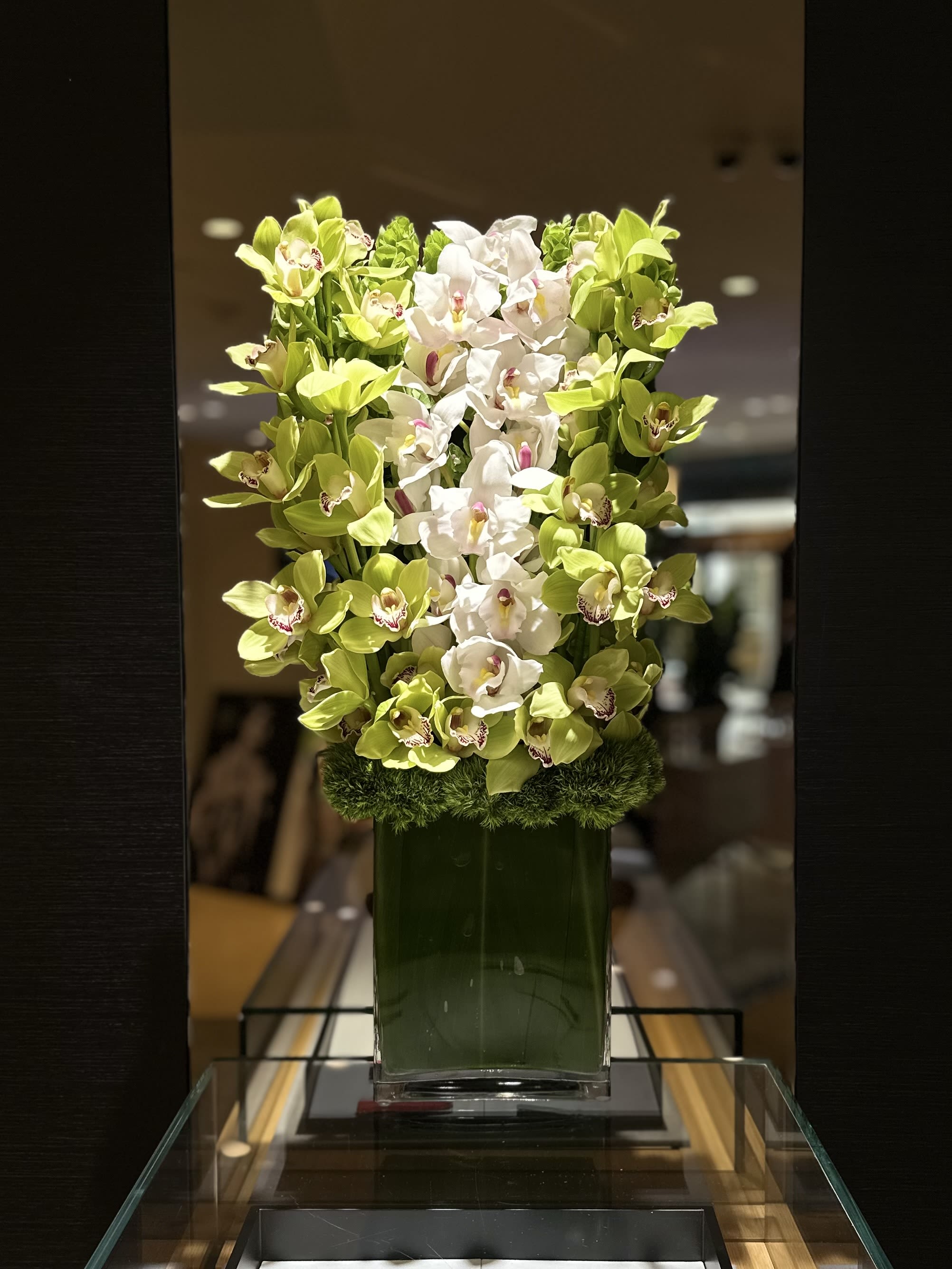 Orchid Elevation - An opulent display of green and white orchids, elegantly arranged in a tall, sleek vase with a lush moss base. This modern, sophisticated piece is perfect for high-end spaces, exuding luxury and natural beauty.