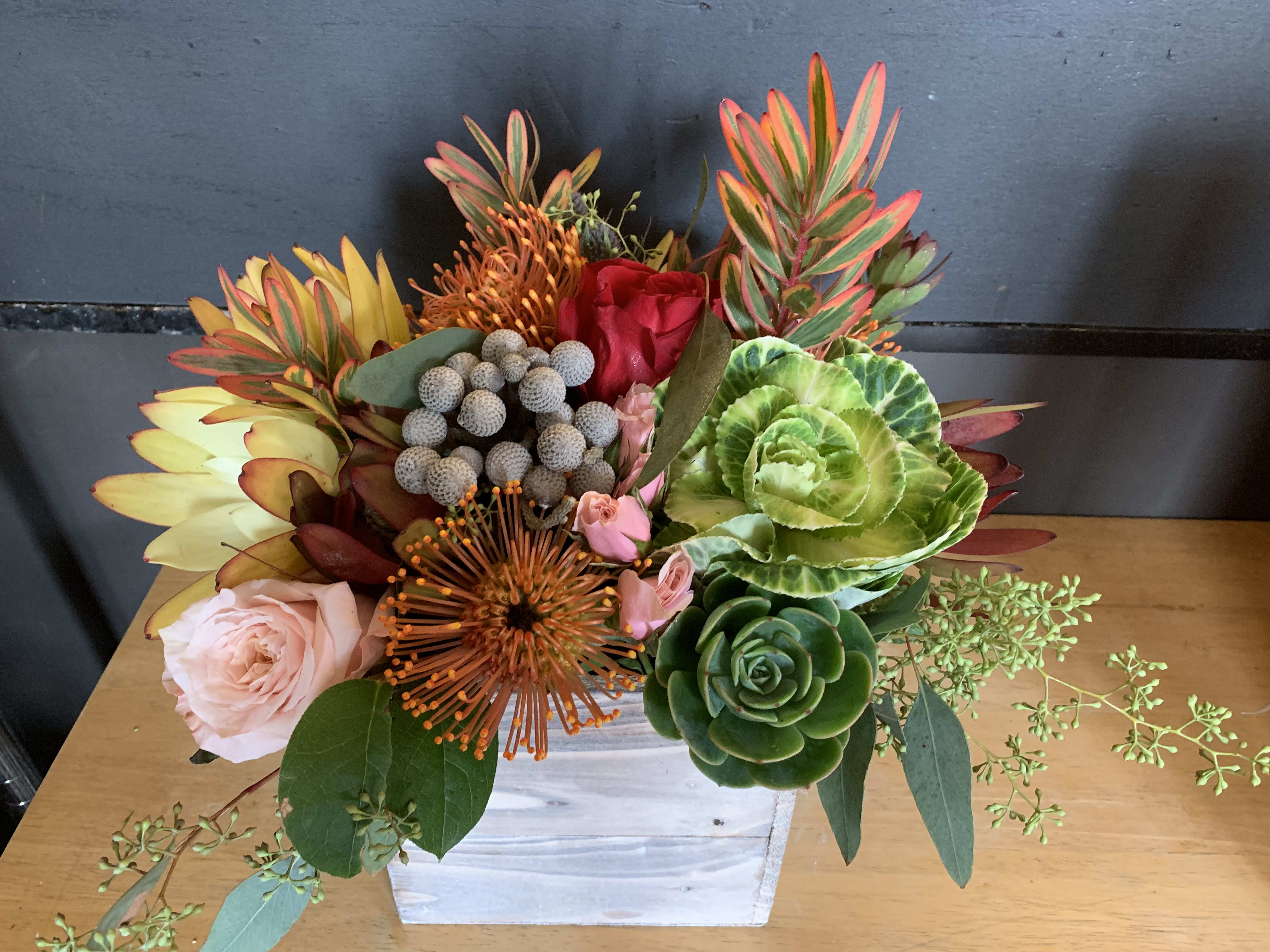 Sweet Valentine Sweet Valentine - Unique design in wooden box with pin cushion, succulent, roses, safari and kale for a natural and rustic vibe.