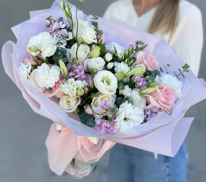 Blush Whisper Bouquet - Elevate your floral experience with our exquisite hand-tied bouquet, featuring a delightful blend of Roses, Lisianthus, Stock, Spray Roses, and lush Greenery. Each bloom is thoughtfully selected to create a harmonious symphony of colors and textures that will captivate your heart.  *If you need further information, please feel free to contact us! (650-885-6421) we offer service for all special needs! *some seasonal flowers &amp; vases subjected to change based on the season &amp; availability .