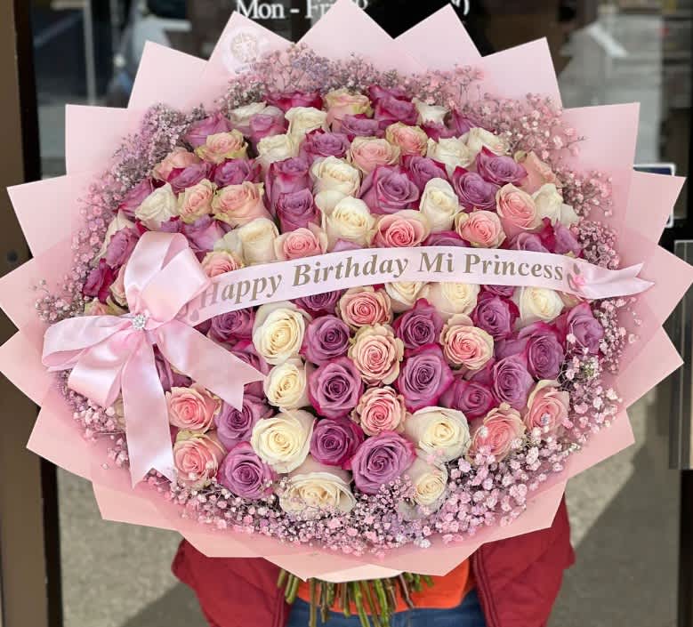 LAV W#2 Shades of pink - 100 Roses shown   *If you need further information, please feel free to contact us! (650-885-6421) we offer service for all special needs! *some seasonal flowers &amp; vases are subject to change based on the season &amp; availability.