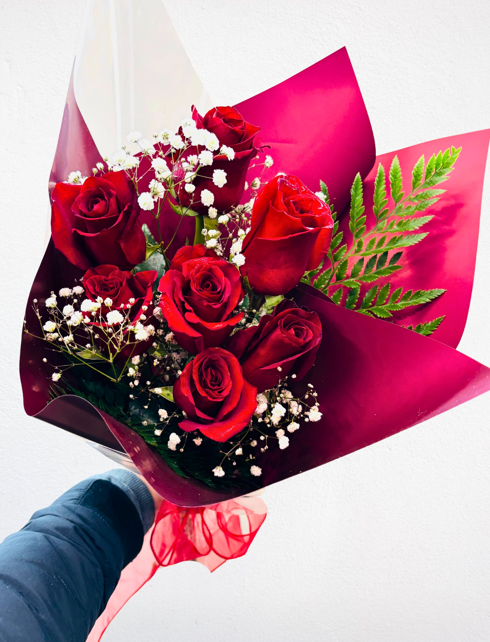 Be My Valentine Bouquet - This Sweet Bouquet includes 7 Red Ruby Roses designed with baby's breath, greenery and wrapped in our elegant paper with a beautiful bow.  Perfect cute gift for any occasion!