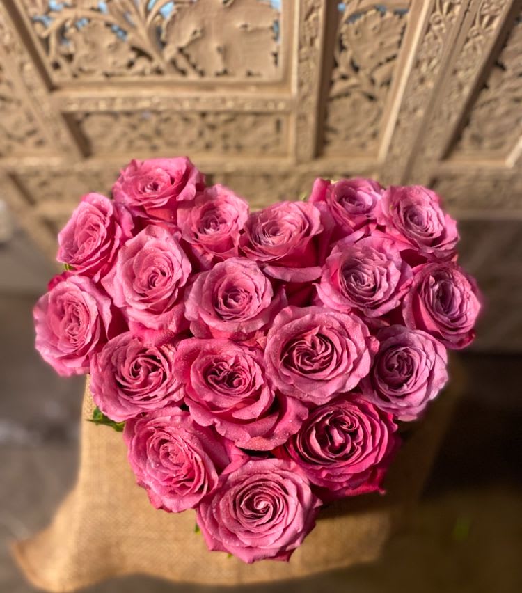 Rose Heart Box - Big, beautiful, roses in a heart shaped box. Accent of garden ivy. Please indicate color of rose you prefer if not pink.